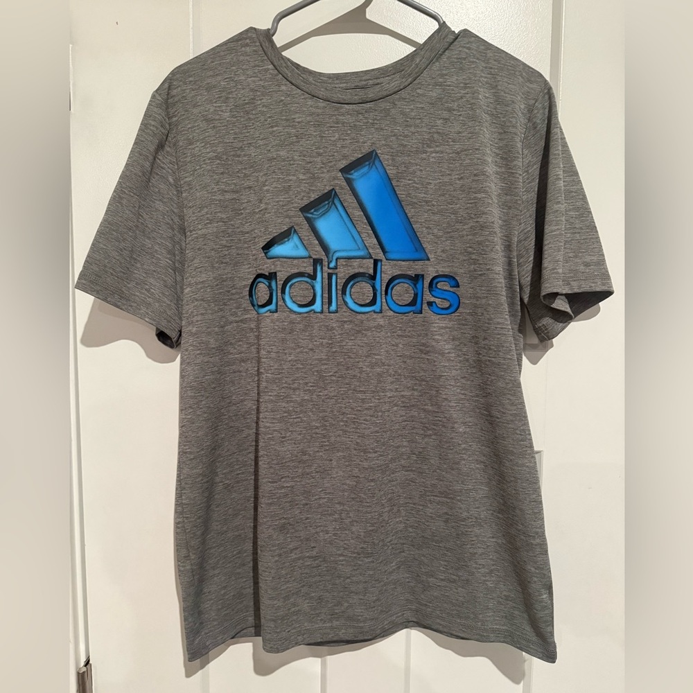 Adidas Heather Gray Tee with Vibrant Blue Logo